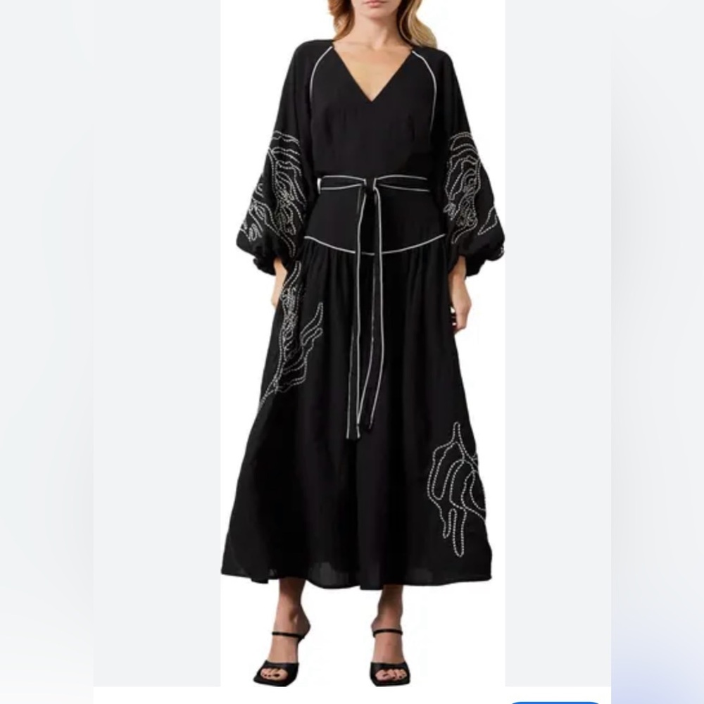 NEW CIEBON Eliza Embroidered A-Line Dress Black 3/4 Sleeve L - Picture 2 of 13
